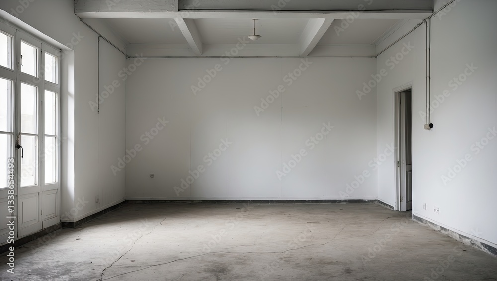 Poster vacant room with white walls and ceiling featuring a concrete floor and large windows, creating a br