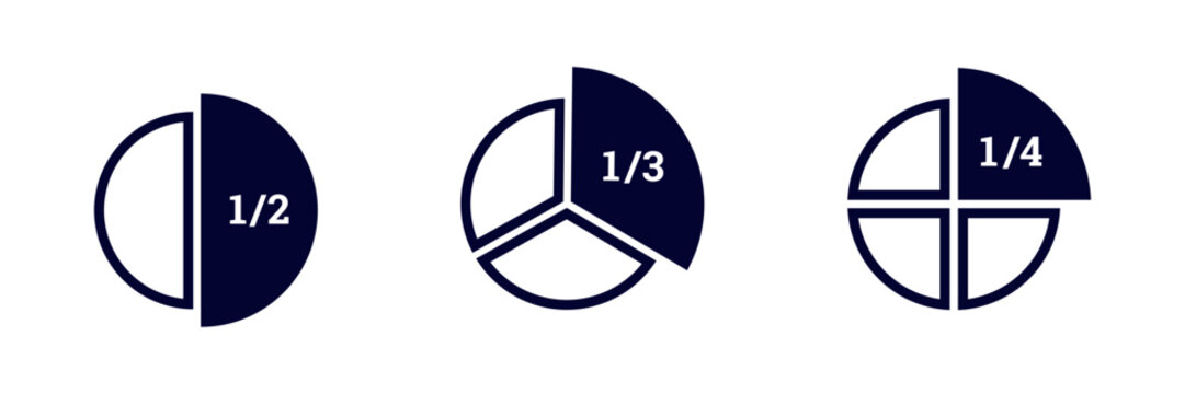 Three pie charts showing half, one third, and one quarter fractions, each with unique color sections.