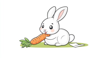 Fototapeta premium Cute cartoon bunny eating carrot, simple background