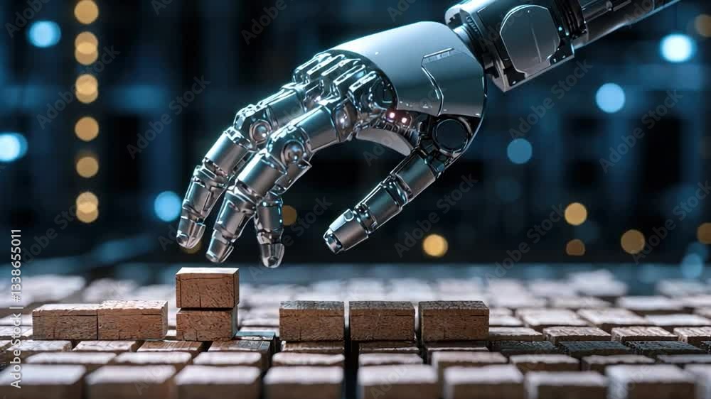 Poster advanced robotic hand manipulating small cube blocks in a futuristic environment with high-technolog