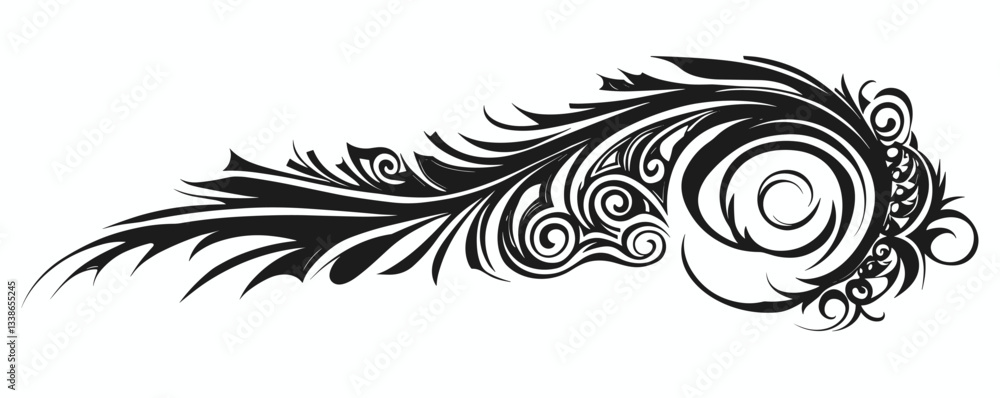 Poster elegant black abstract feather design with intricate swirls and curves.