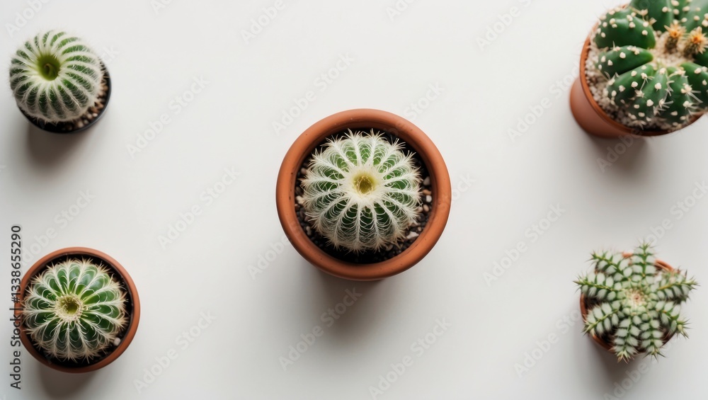 Poster top view of assorted small cacti in terracotta pots on a light background, featuring a circular patt