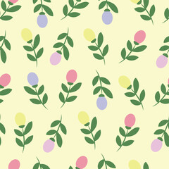 Seamless pattern with multicolored tulips on a yellow background. Vector illustration of flowers