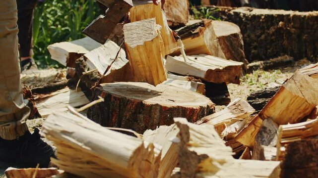 Pile of freshly chopped firewood scattered around a tree stump, with a single log standing upright. Wood shavings and sawdust cover the ground, while a worker's legs are partially visible in the
