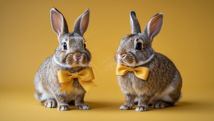 Fototapeta premium Cheerful scene featuring two adorable light brown rabbits wearing yellow bows, positioned side by side against a vibrant yellow background.