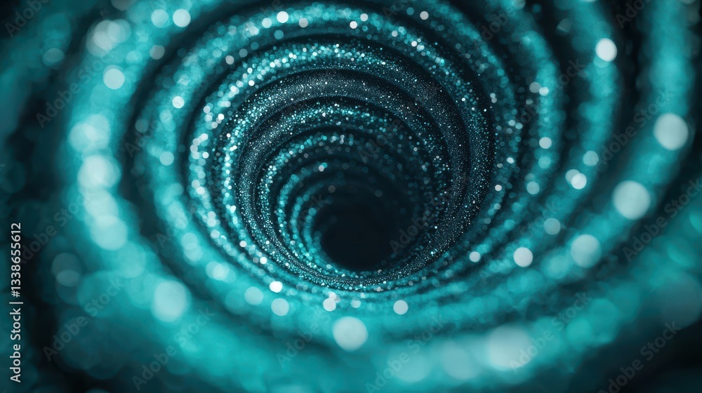 Poster glimmering spiral abstract background with turquoise glitter and bokeh lights creating a sense of de