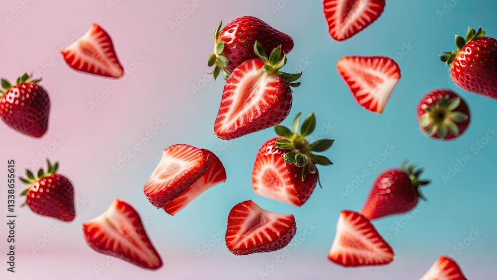 Poster sliced strawberries in varying positions floating against a gradient pastel background of pink and b