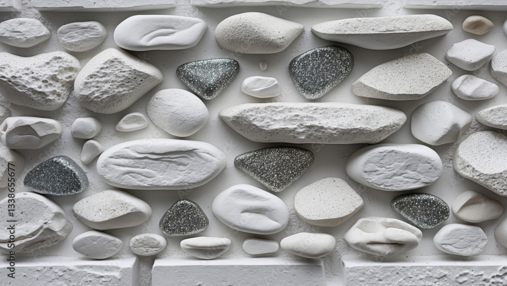 Poster close-up of a white textured wall featuring decorative glittering stones in various shapes and sizes