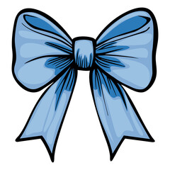 A vector decorative blue bow with a glossy finish, featuring wide loops and long tails. The bow is symmetrical and has a central knot, making it suitable for gift wrapping or festive decorations.