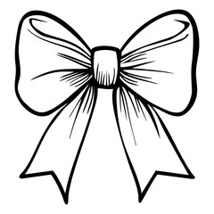 A vectors imple black and white illustration of a decorative bow with two long ribbons hanging down.