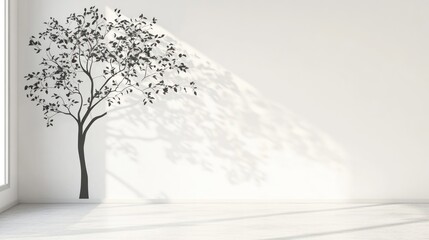 Obraz premium Abstract tree silhouette in modern interior, sunlit wall, minimalist design, home decor