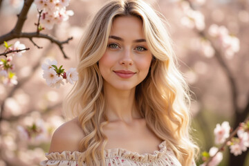 Fototapeta premium Young Woman Posing in Apricot Tree Orchard – Spring, Beauty, and Nature