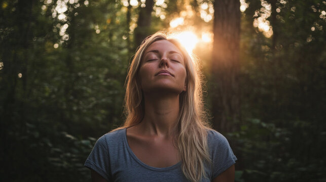 Woman enjoying deep breathing exercise in a serene forest during sunset