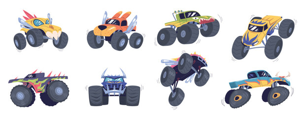 Monster trucks set. Cartoon monstertruck toy cars, pickup with big tire wheels bright design muscle 4wd auto vehicle jumping heavy car race bigfoot sport classy vector illustration