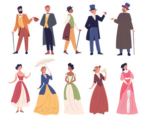 Victorian people. 19th century european man and woman in vintage outfit, old fashion lady dress gentleman aristocrat character 1900 historical person, classy vector illustration