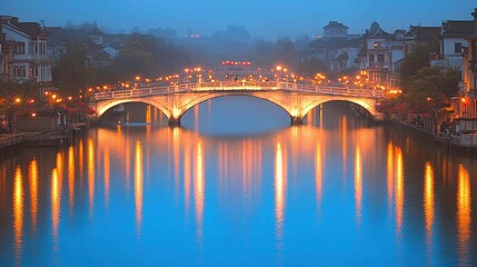 Naklejka premium Night View of Jiangnan Water Towns with Colorful Lights Reflecting on River, Ancient Buildings Lining Sides