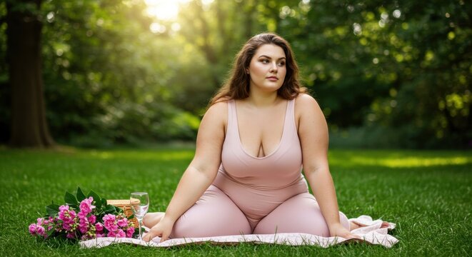 Serene woman in a pink outfit sitting on a blanket in a lush green park, enjoying nature with flowers - bbw sexy ladies | chubby woman