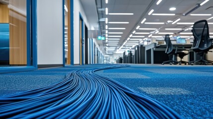 Internet wires running along a modern office floor with connectors and routers.
