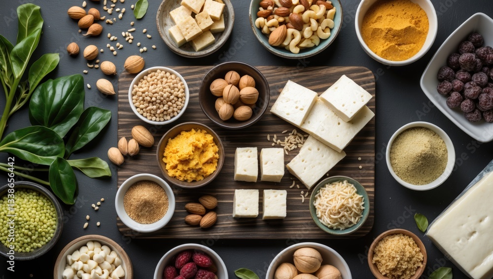 Poster assorted nuts and vibrant spices arranged in bowls on a wooden board with a dark background creating
