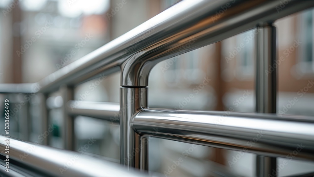 Poster Stainless steel railing in sharp focus with a blurred background, showcasing a sleek design element in a modern architectural setting.