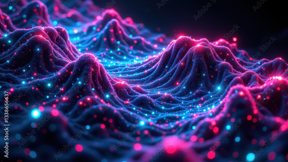 Poster cybersecurity and devops in a vibrant digital landscape with mountains and stars.