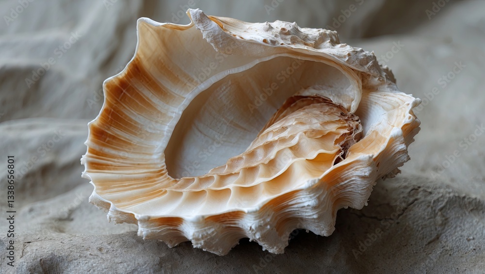 Poster elegant seashell prominently displayed on a textured beige background showcasing intricate layers an