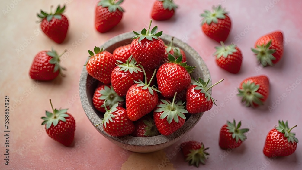 Poster fresh red strawberries in a rustic bowl on a soft pastel background with scattered berries highlight
