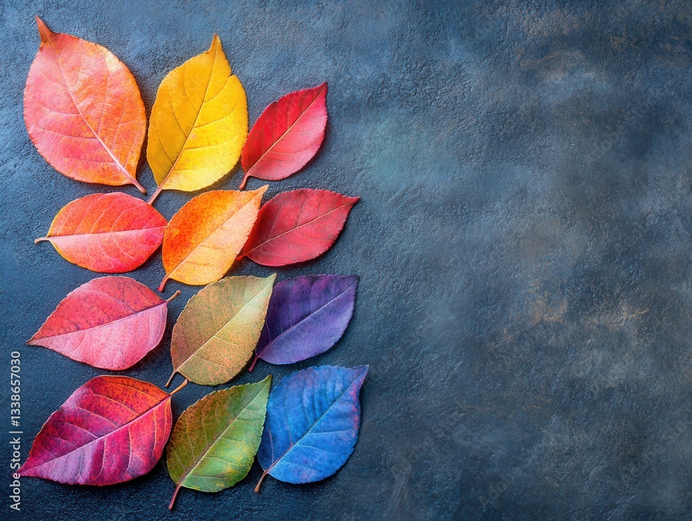 Poster colorful autumn leaves displayed on dark textured background with gradient of reds oranges blues and