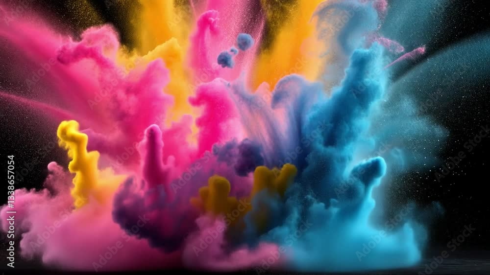 Poster vibrant explosion of colorful powders creating dynamic visuals against black background for artistic