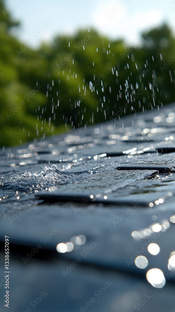 Poster serene rainfall on a dark tiled surface creating a tranquil scene with blurred green foliage backgro