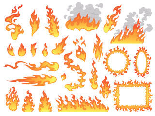 Cartoon fire flames set. Comic burn flame shapes, painting fuego curve firestorm hot blaze effect fireball angry evil hell bonfire heat fireflame fires, tidy vector illustration