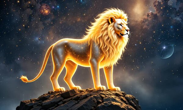 A majestic lion standing tall in a glowing golden sunset, symbolizing power and courage