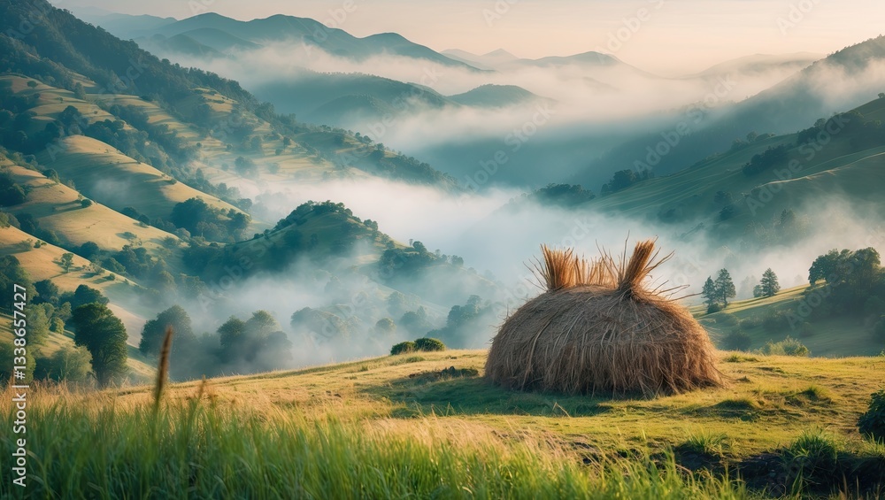 Aufkleber misty mountain landscape showcasing rolling hills and a prominent haystack in the foreground with am