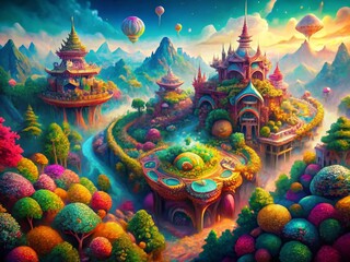 Fototapeta premium Whimsical Aerial View of a Fantastical Creature World: Colorful Geometric Landscape
