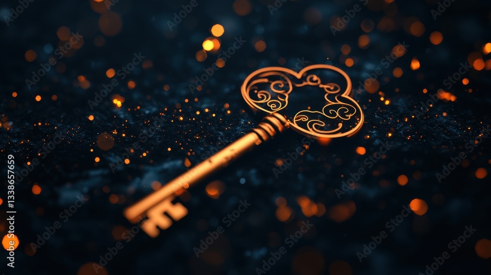 Poster decorative antique key on dark surface with glowing bokeh lights creating a magical and mysterious a