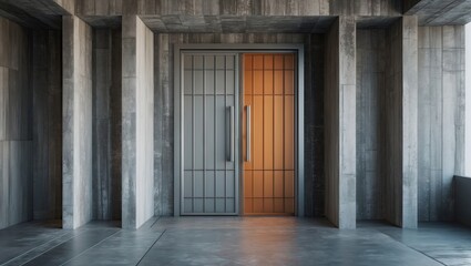 Contemporary metal door design in gray and warm wood finish framed by industrial concrete walls and flooring in an elegant modern setting