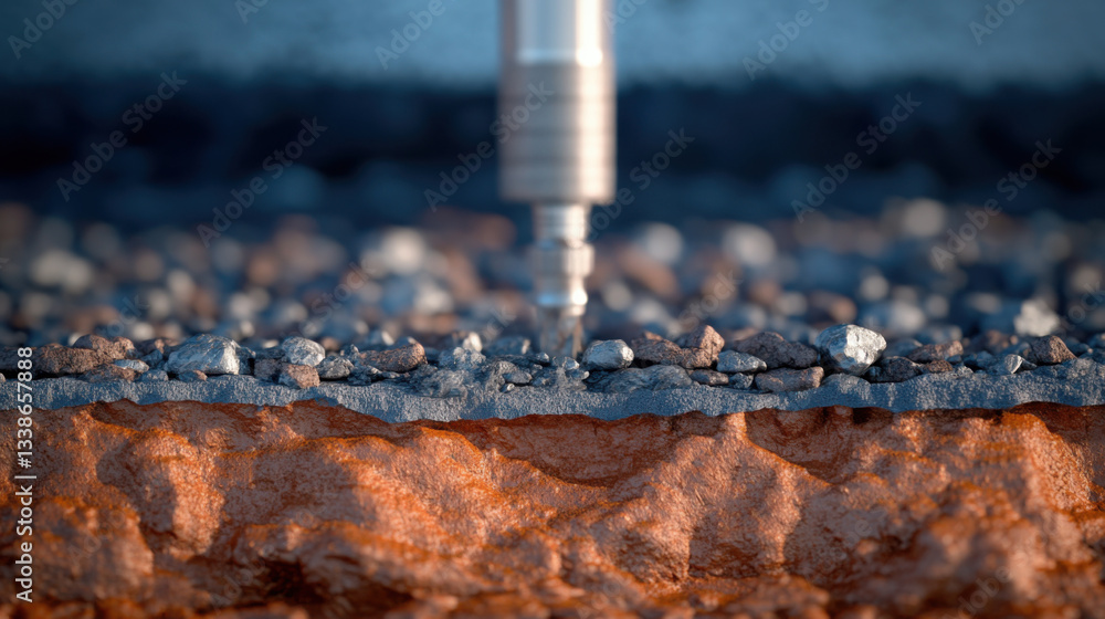 Poster close up view of geothermal drill bit penetrating layers of rock and gravel, showcasing intricate de