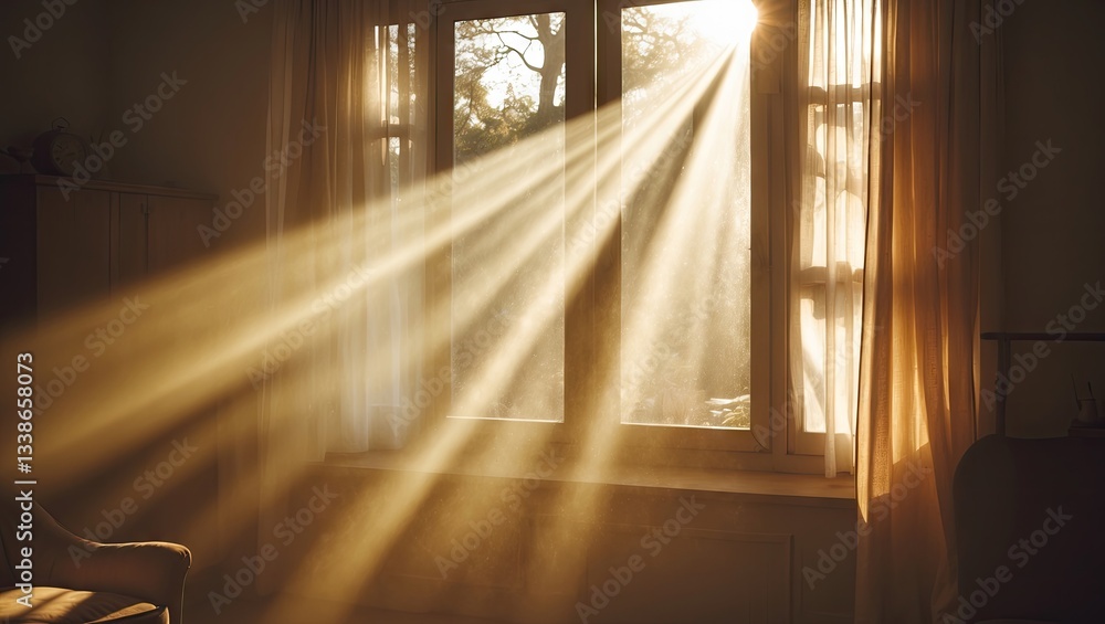 Poster sunlight streaming through a large window with soft curtains, illuminating a cozy interior space wit