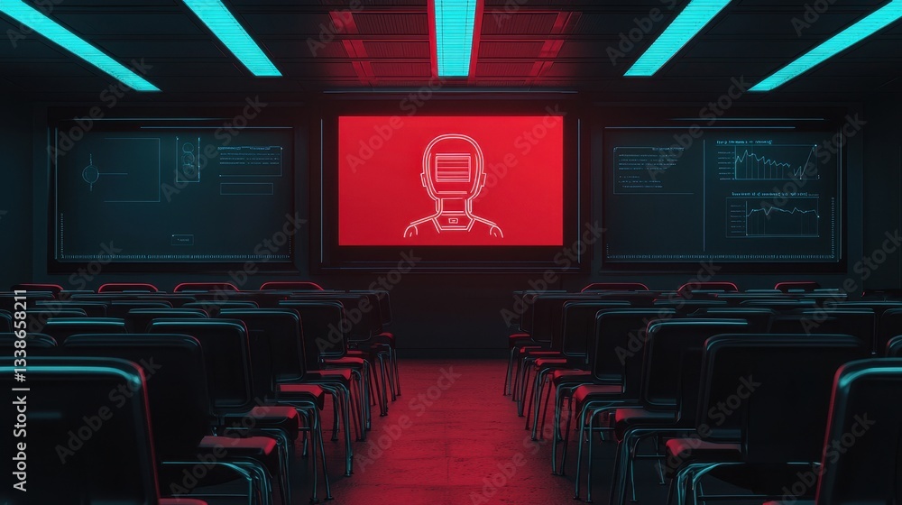 Poster futuristic digital classroom with red background and line art of a person wearing a virtual reality 
