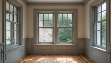 Fototapeta premium Inviting interior room featuring three large gray-framed windows with natural light, soft wall colors, and wooden flooring, creating a serene ambiance.