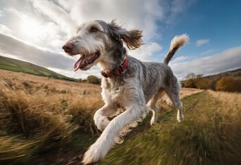 Bedlington terrier dog running outdoors in the countryside, under a blue sky, doggy playing on the meadown