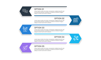 Vertical infographic. 5 Steps left and right arrows design template. Banner, Presentation, Report, Poster and Plan. Vector illustration.