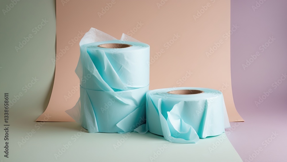 Poster soft pastel background features stacked tissue cores in light mint color with flowing paper, creatin