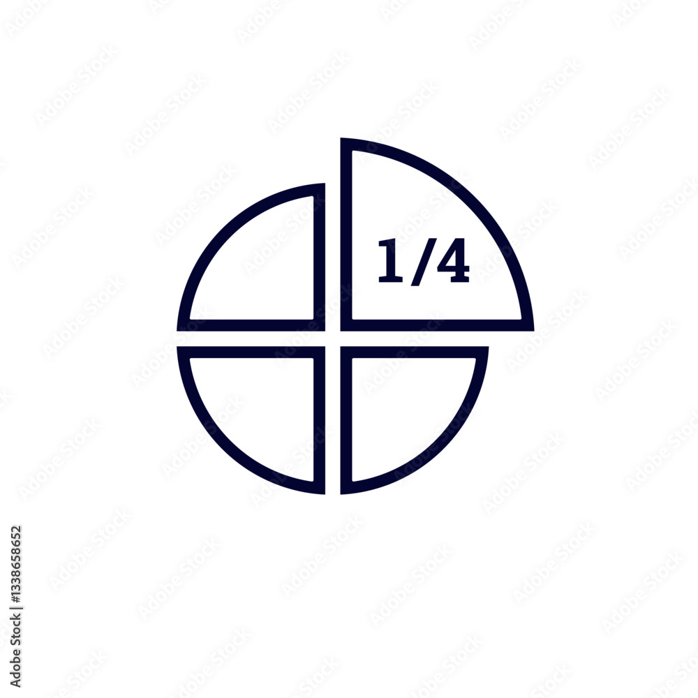 Poster a minimalist quarter pie chart icon with clean black lines and centered text denoting one fourth.