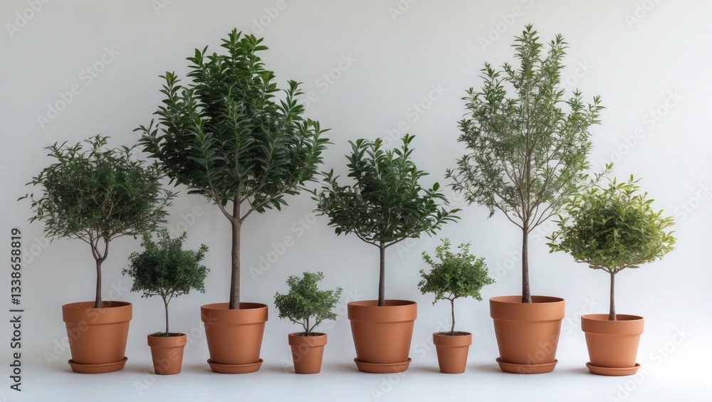 Poster lush green trees in various sizes planted in terracotta pots arranged sequentially on a clean white 