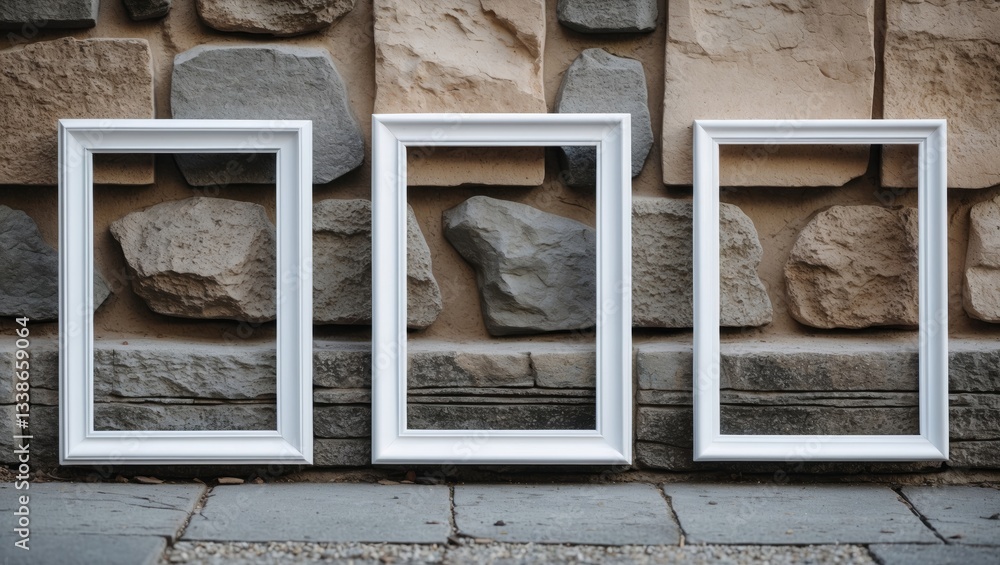 Poster three white rectangular frames aligned horizontally on a rustic stone wall with textured gray and be