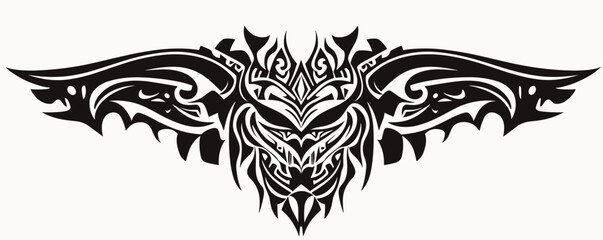 Fototapeta premium Intricate black tribal tattoo design with symmetrical winged patterns and abstract details.
