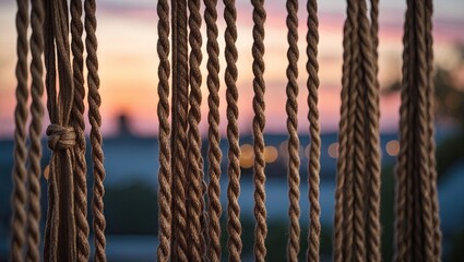 Thin brown rope curtains hanging vertically in the foreground with an evening sunset backdrop featuring soft pink and orange hues at dusk.