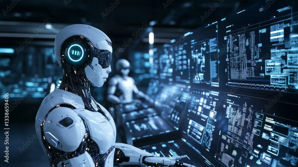 Poster futuristic robotic concept in a high-tech control room with interactive digital displays