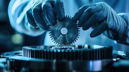 A close-up of gloved hands assembling a gear, showcasing precision and craftsmanship in a mechanical or industrial setting.